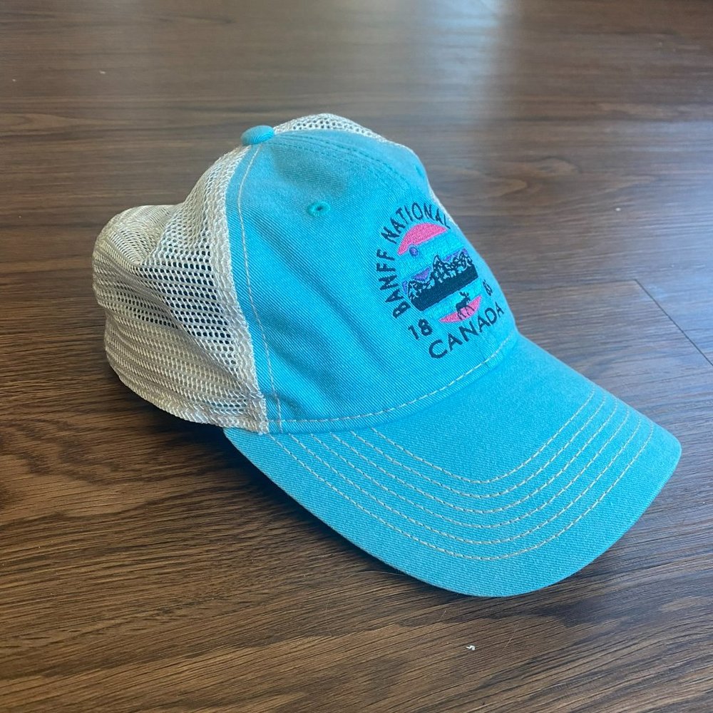 RARE Banff National Park Canada Blue and Pink Trucker Graphic Hat Blue 84